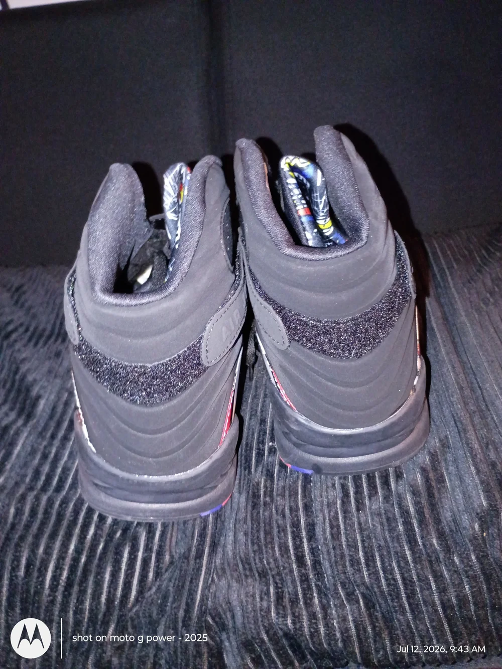 Black Nike Air Jordan 8s Athletic Shoes with Red And Blue Accent -